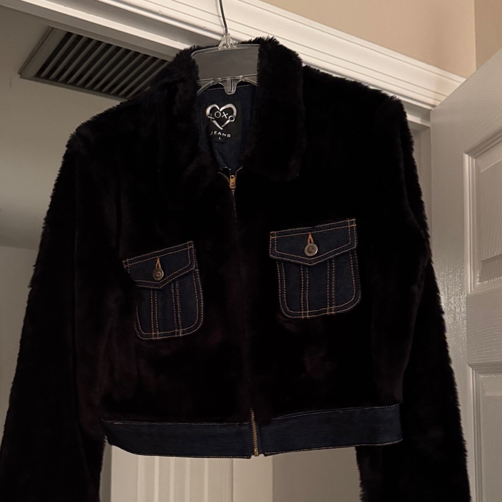 XOXO Black Faux Fur Jacket with Denim Accents